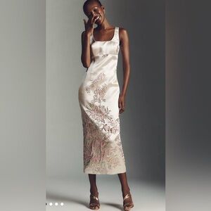 Mac Duggal Cream and Pink Embroidered Midi Dress